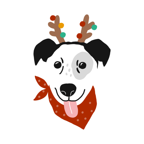 tête d'un chien de face avec un serre-tête en forme de bois de cerf avec des petites boules de noël, il porte aussi un bandana rouge, il tire la langue