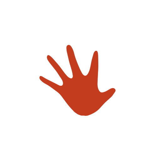 une main ouverte de couleur rouge (rouge Inka), centrée au milieu de l'image.